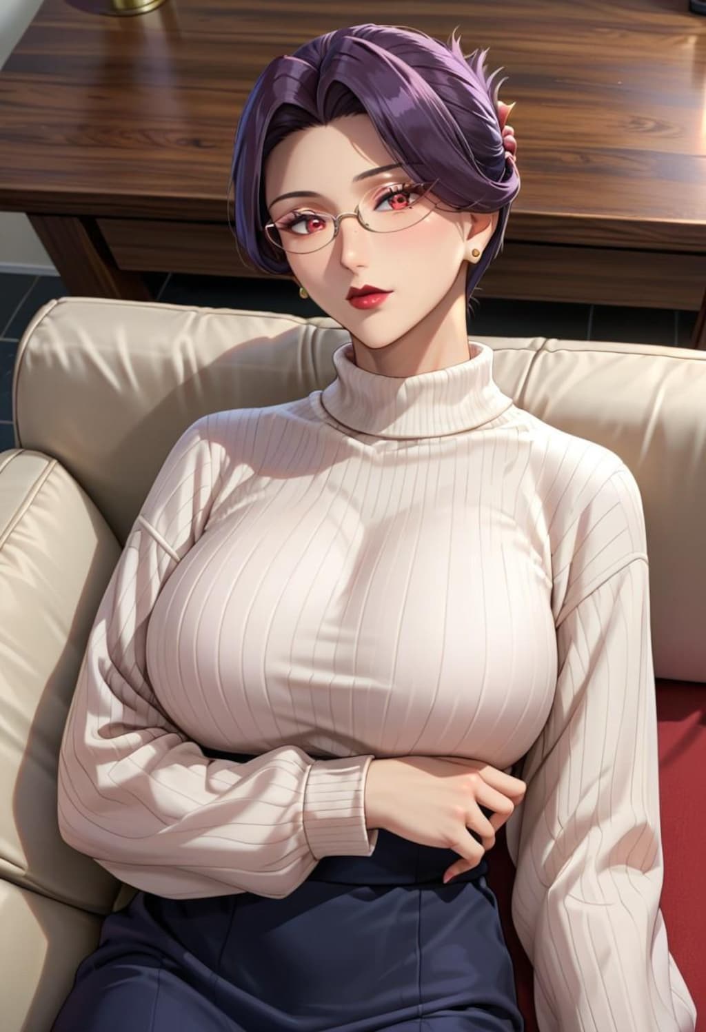 ソファでゆったりしてる爆乳伯母さん