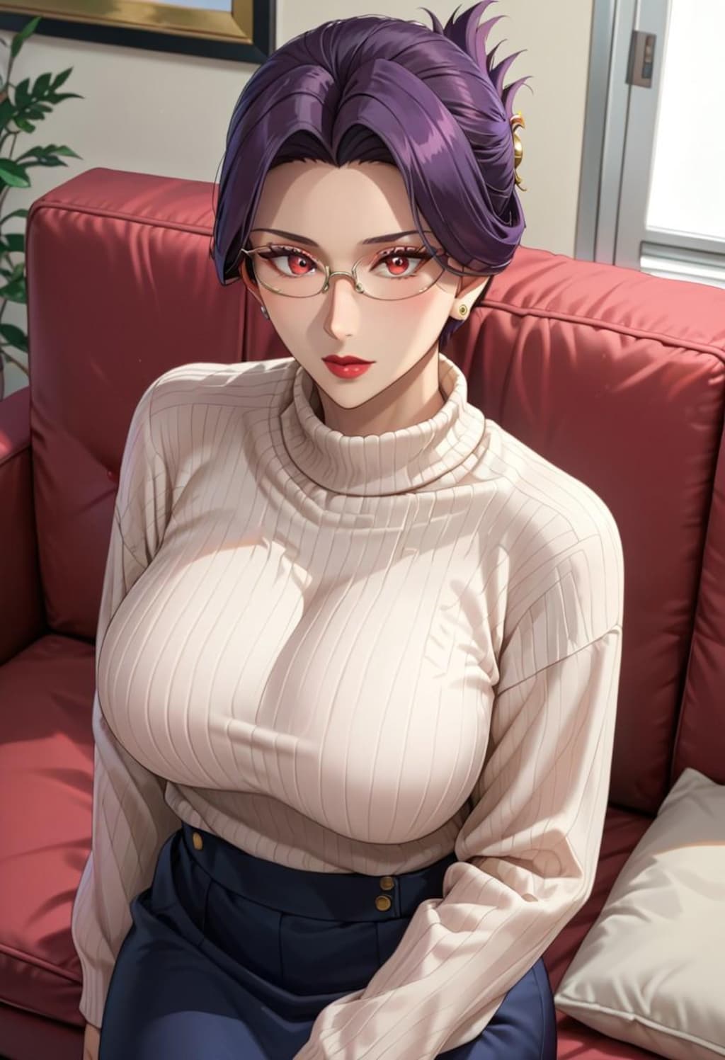 ソファでゆったりしてる爆乳伯母さん