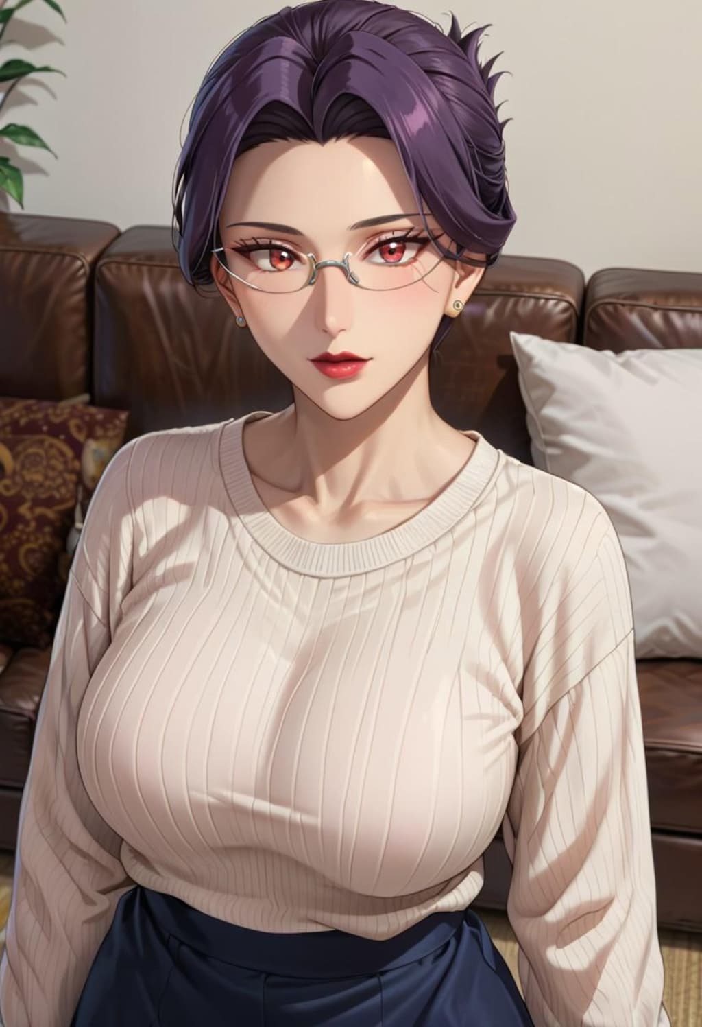 ソファでゆったりしてる爆乳伯母さん