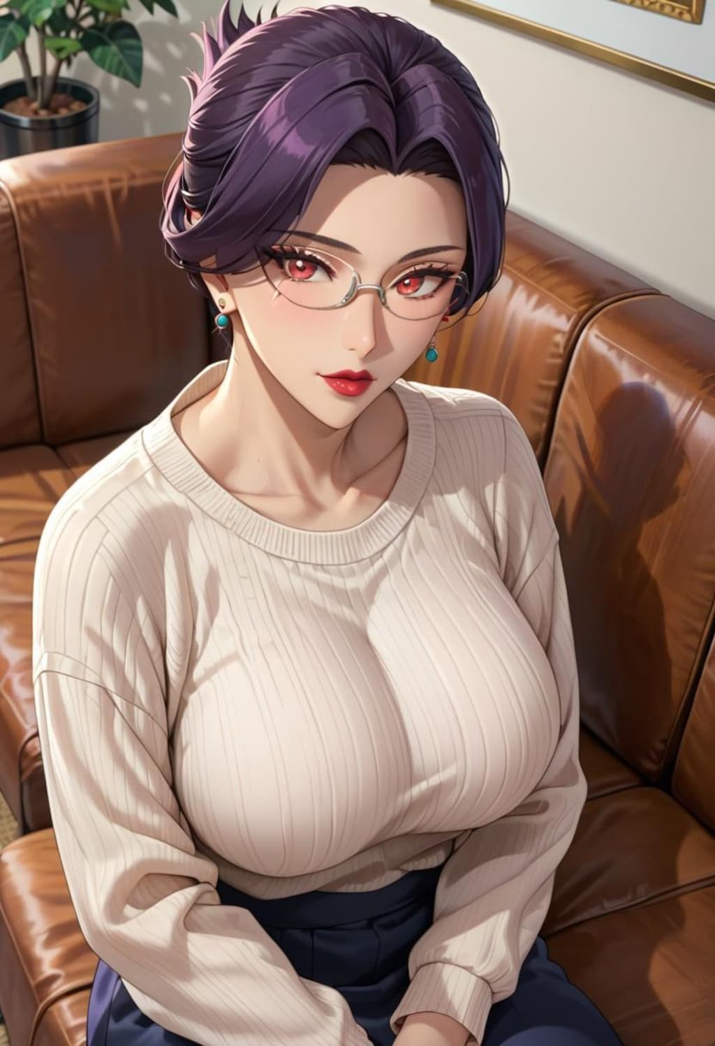 ソファでゆったりしてる爆乳伯母さん