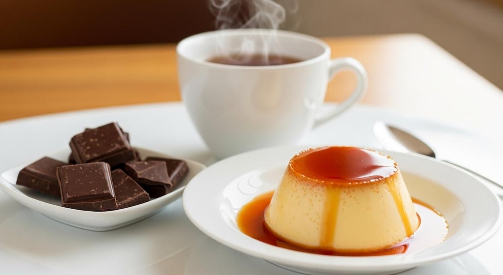 デザートのプリンとチョコレートのセット