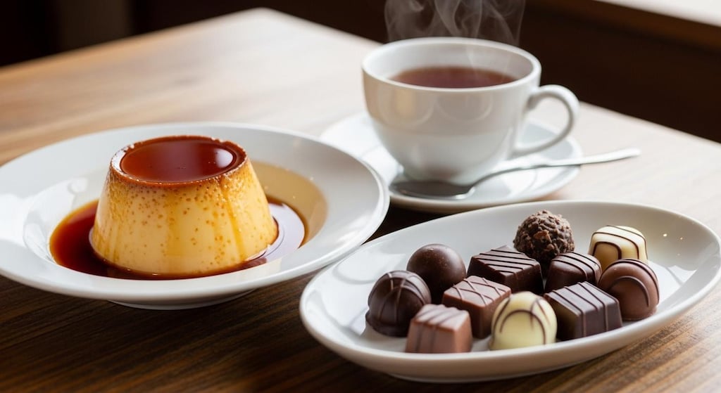 デザートのプリンとチョコレートのセット