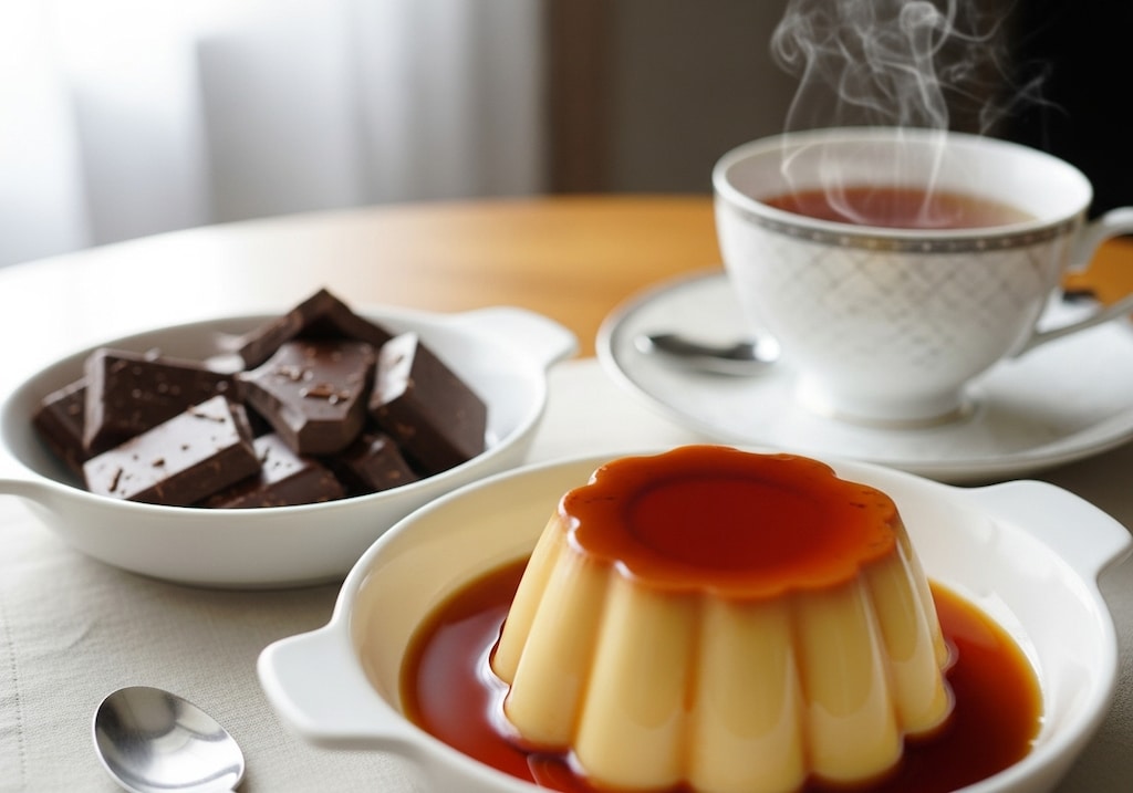 デザートのプリンとチョコレートのセット