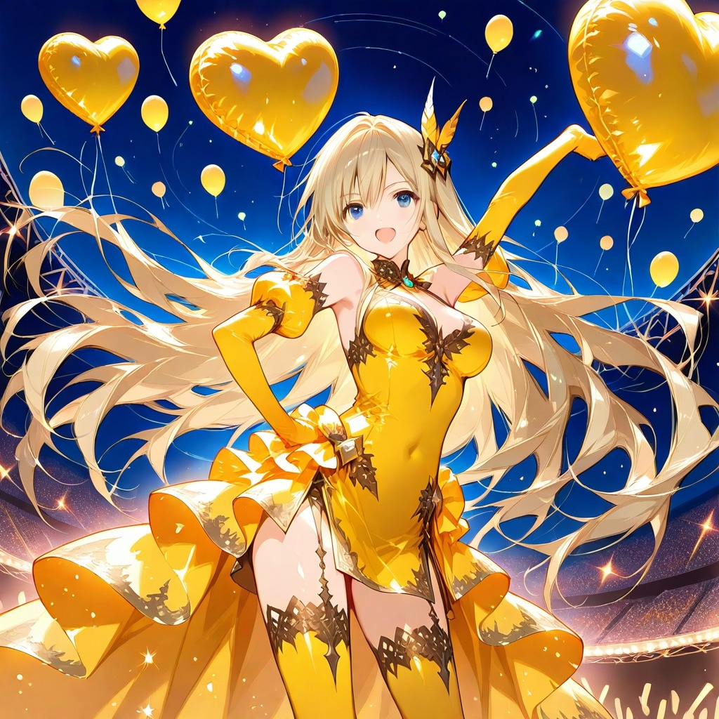 黄色のハート風船を持つブロンドロングの美女。 | の人気AIイラスト・グラビア