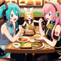 ボカロ　初音ミク　鏡音リン　巡音ルカ　3人で食事 2枚目