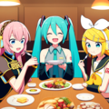 ボカロ　初音ミク　鏡音リン　巡音ルカ　3人で食事 4枚目