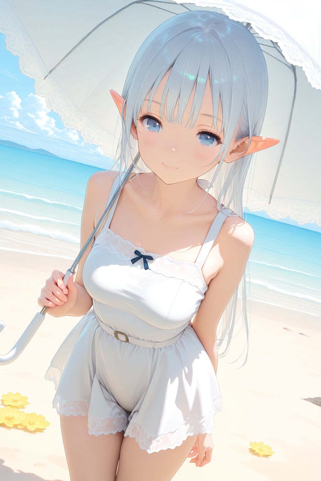 海辺に佇むエルフの少女