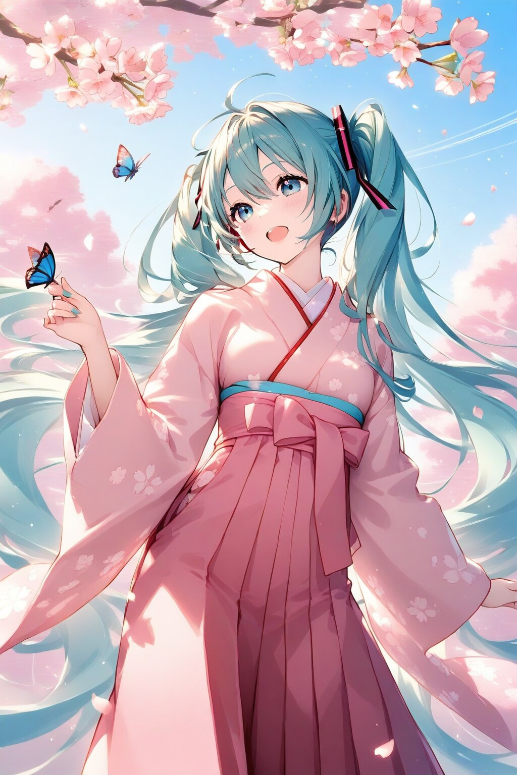 桜の木の下で蝶々と戯れる和服のミクちゃん