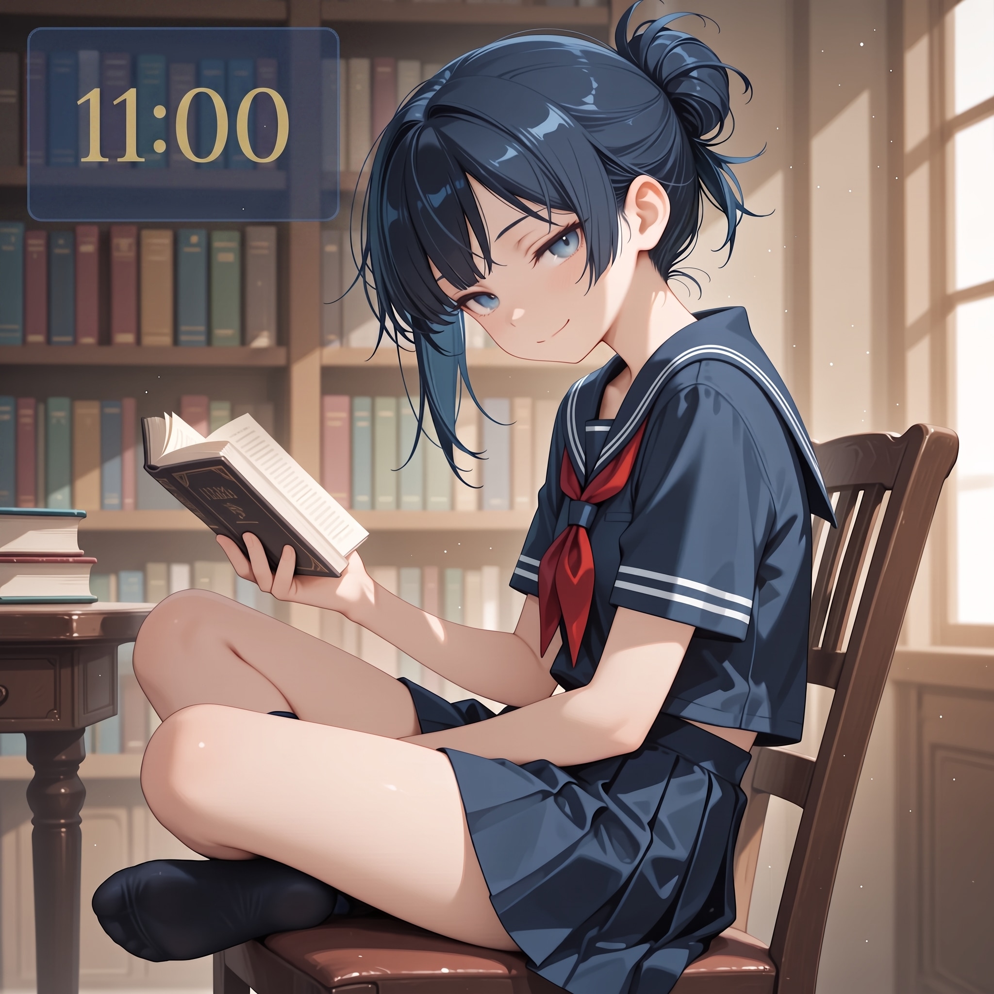 11:00（図書室のひととき）：ルーズなお団子ハーフアップの毒舌文学少女 | の人気AIイラスト・グラビア