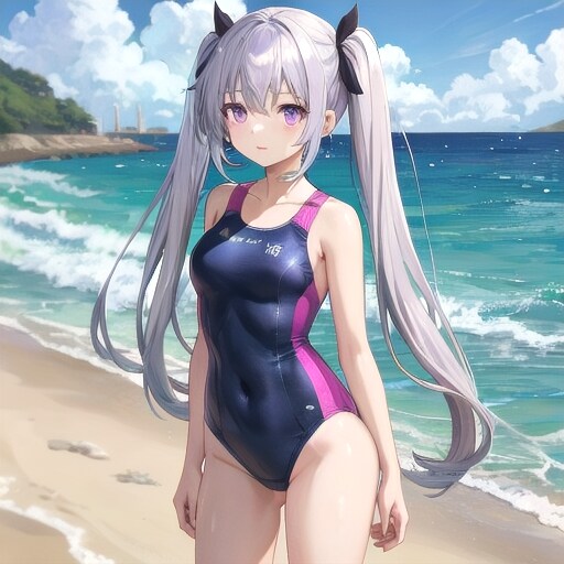 砂浜と競泳水着