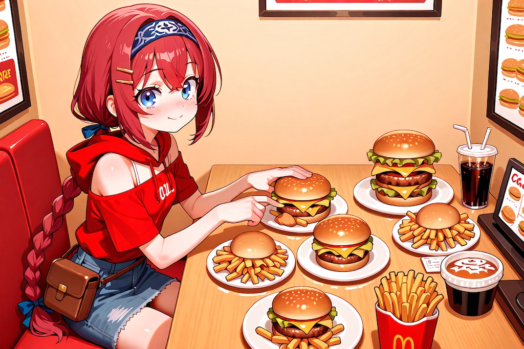 ハンバーガーにかぶりつく小織くん