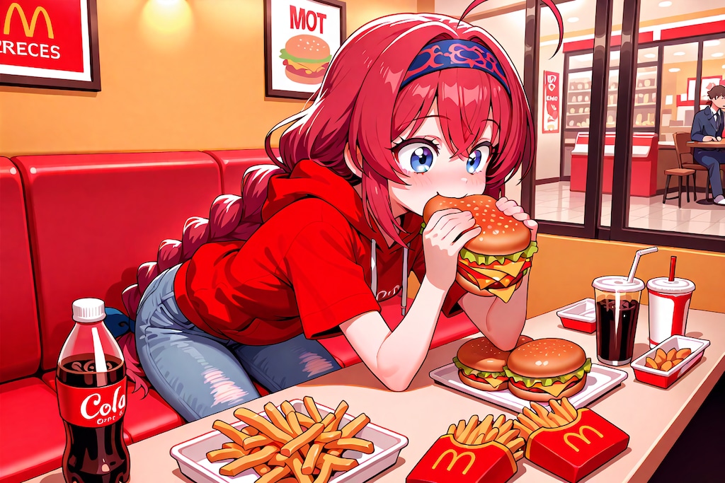 ハンバーガーにかぶりつく小織くん