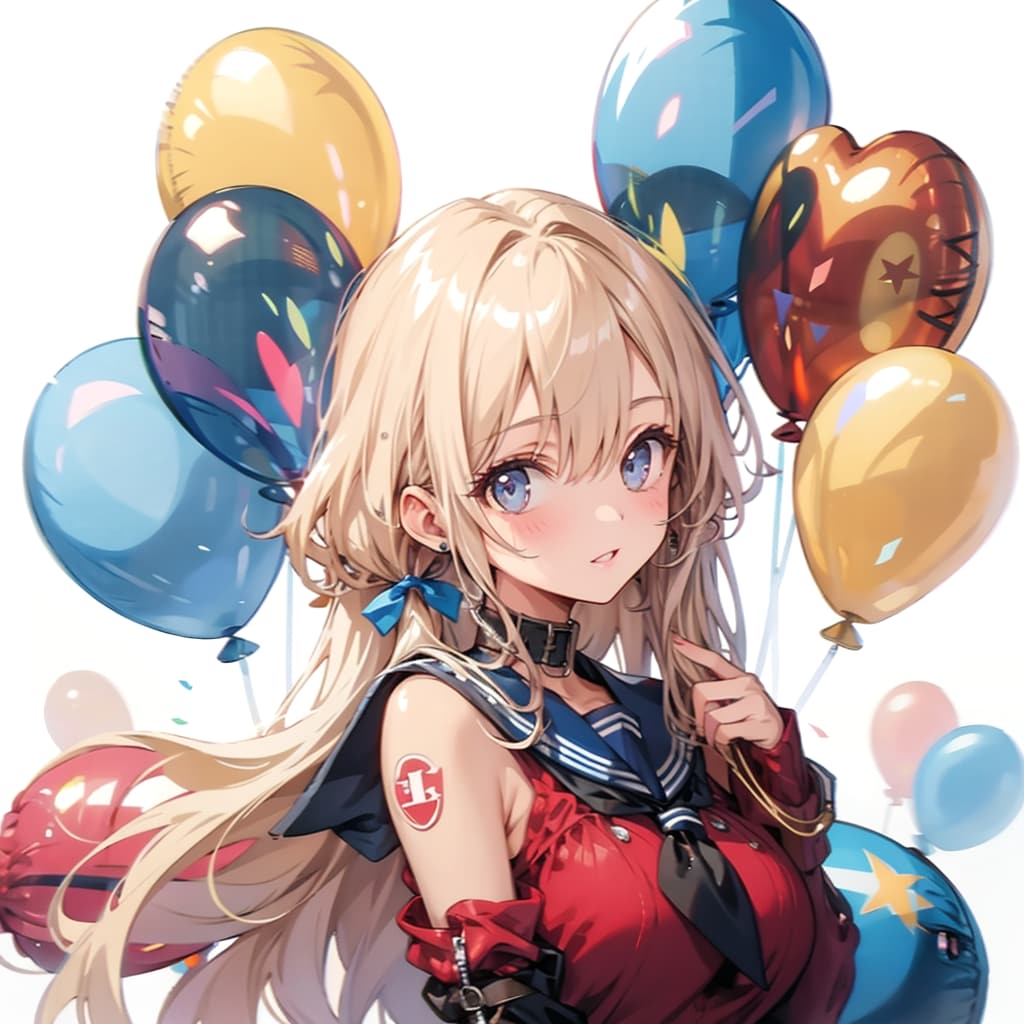 いっぱい色とりどりの風船を持つブロンドロングのセーラー服着た美少女