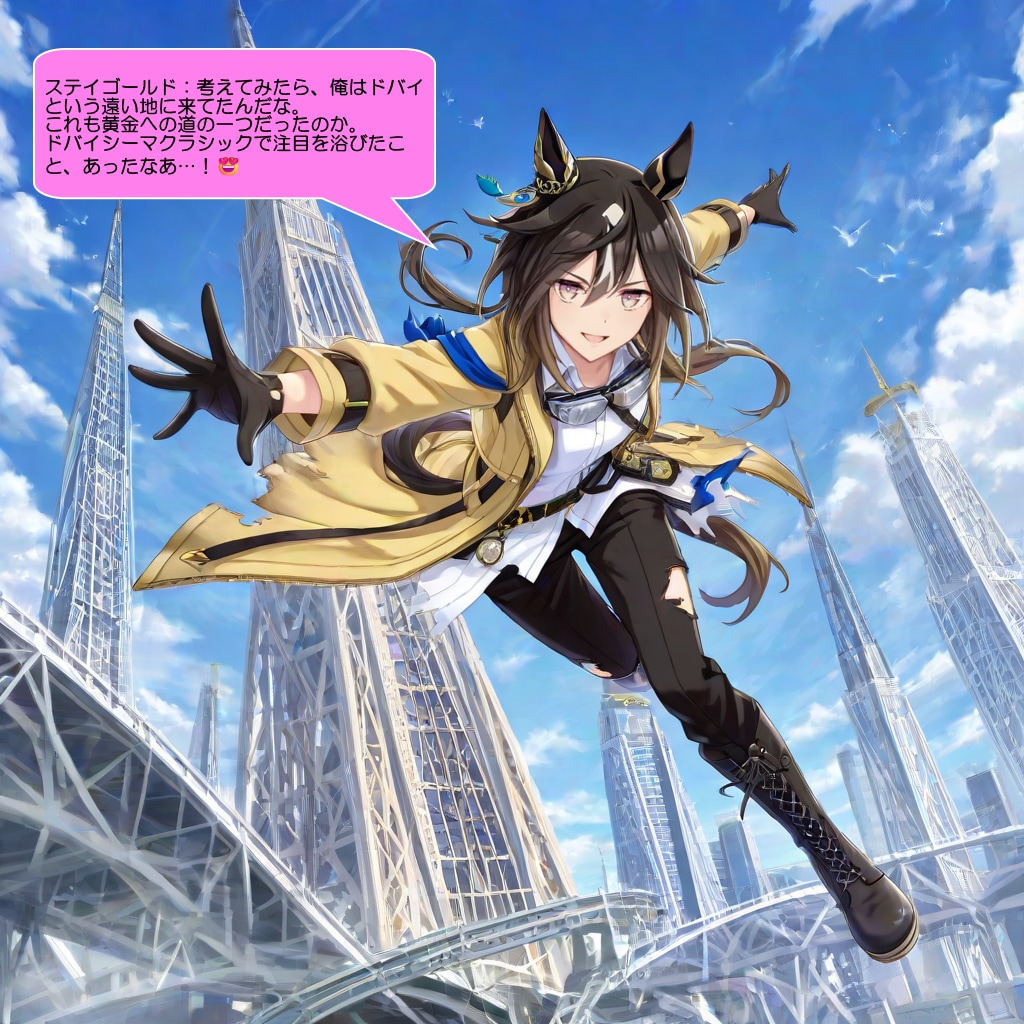 ウマ娘・ステゴ、ドバイのタワー群の前で決めのポーズをする