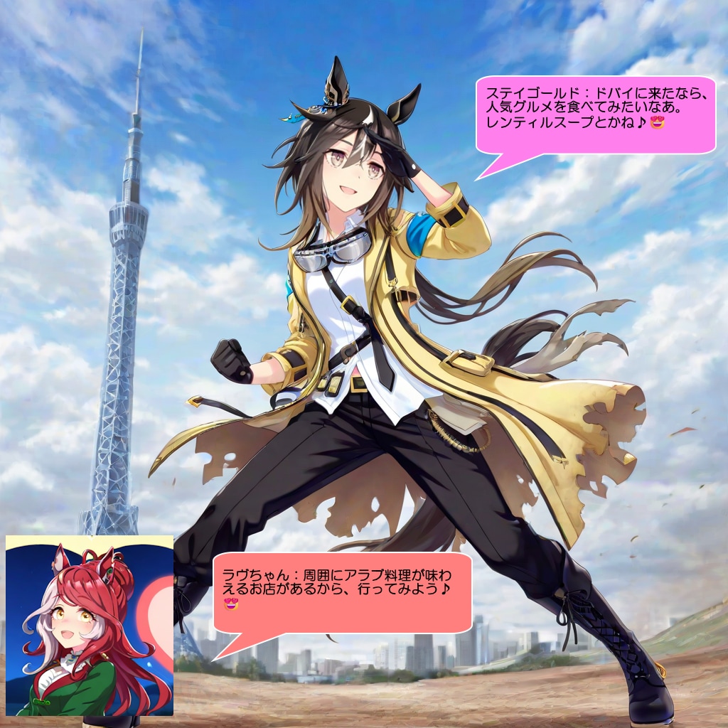 ウマ娘・ステゴ、ドバイのタワー群の前で決めのポーズをする