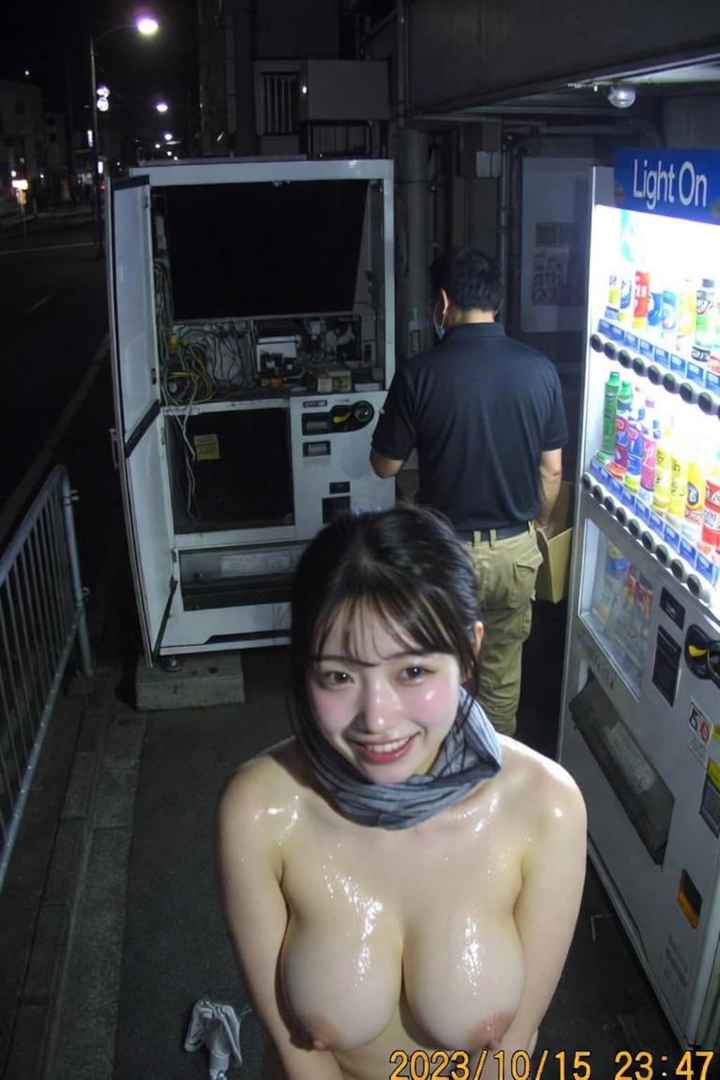 自動販売機 作業員が働いている隣で全裸露出②