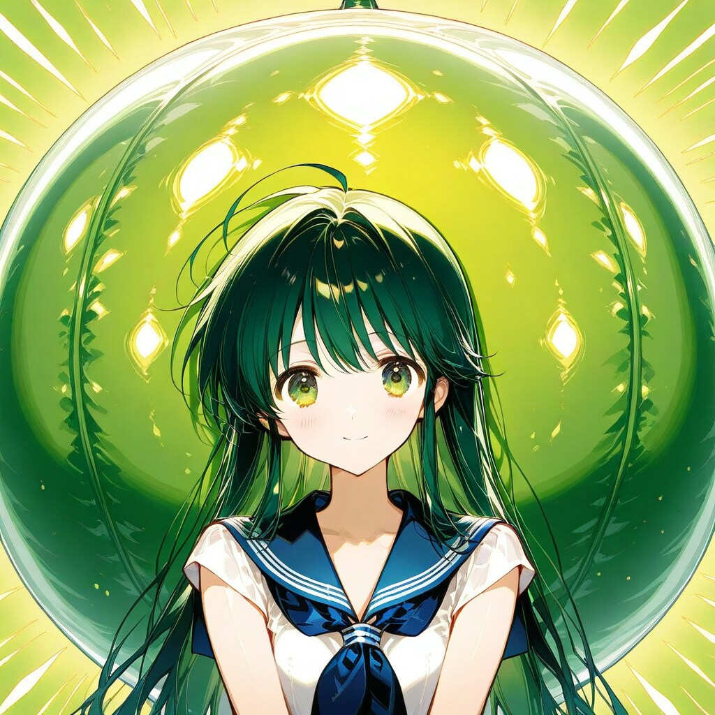 緑色の巨大風船を持つ緑髪ロングのセーラー服の美少女。