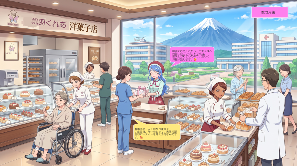 帆羽くれあ、病院内菓子店で顧客を饗す