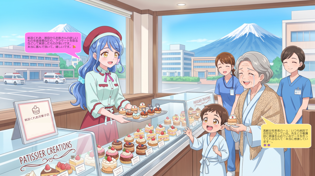 帆羽くれあ、病院内菓子店で顧客を饗す
