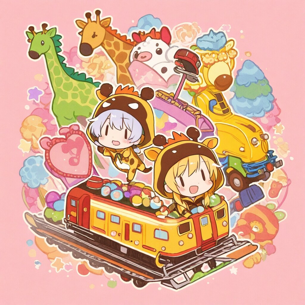 電車とキリン着ぐるみちび子ちゃん