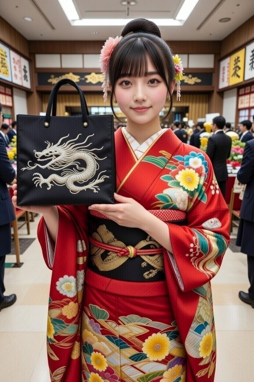 成人式おめでとうございます。こちら記念品の裁縫バッグでございます