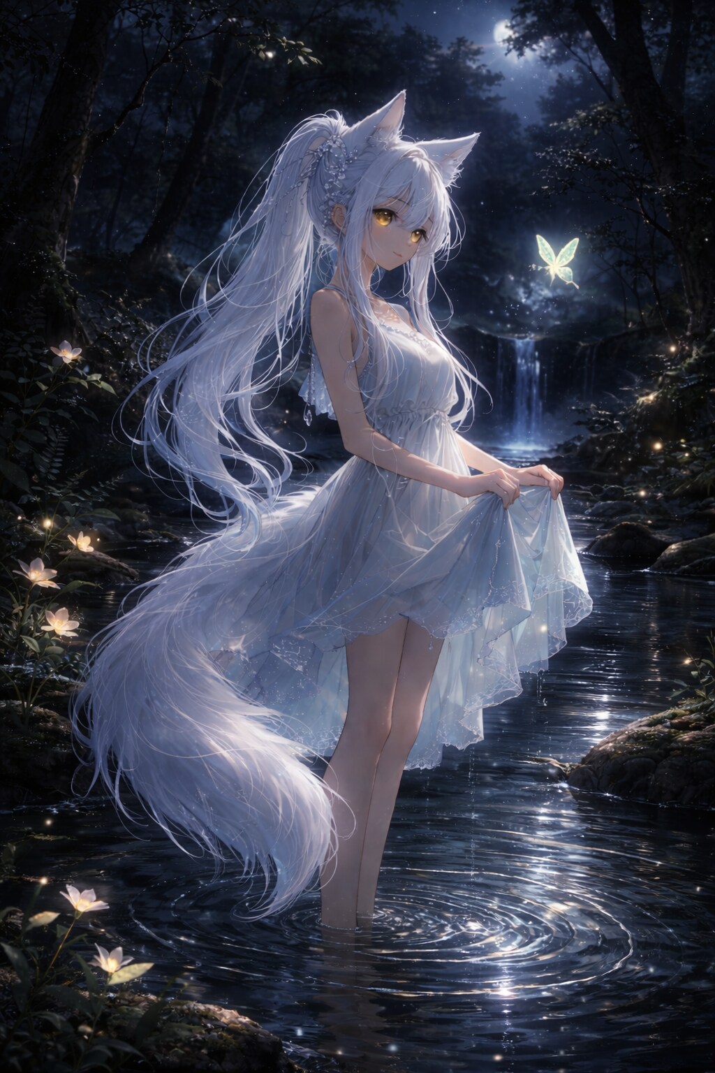 夜の森と狐娘