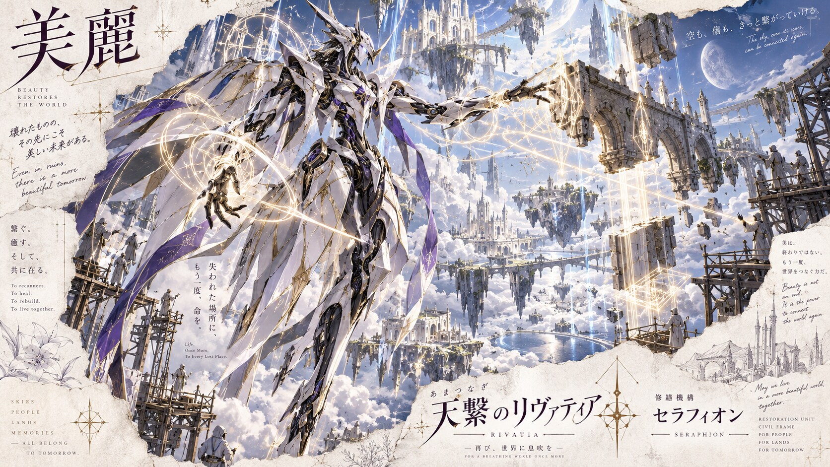 Rivatia: Restoration Unit Seraphion  Set high above the clouds among floating islands, soaring white | の人気AIイラスト・グラビア
