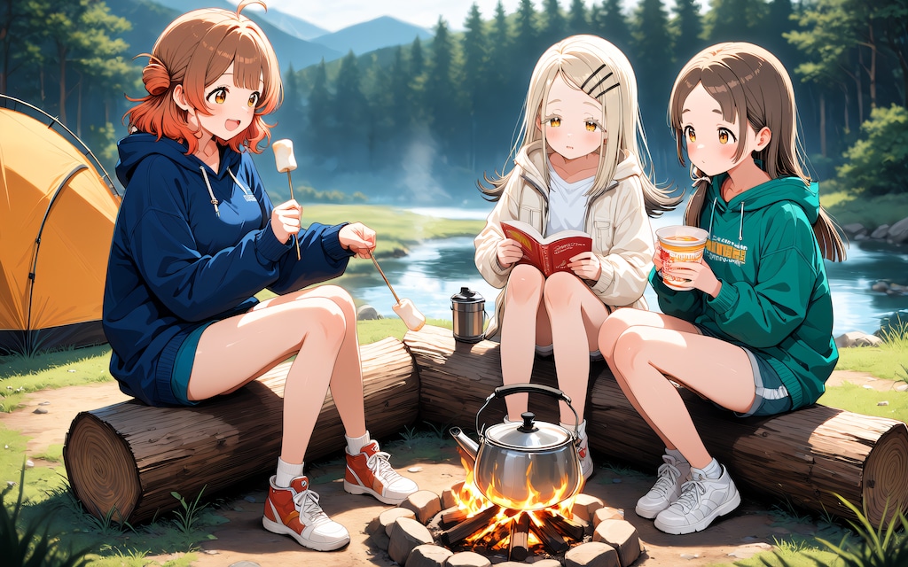 補習組のみんなで川辺キャンプ
