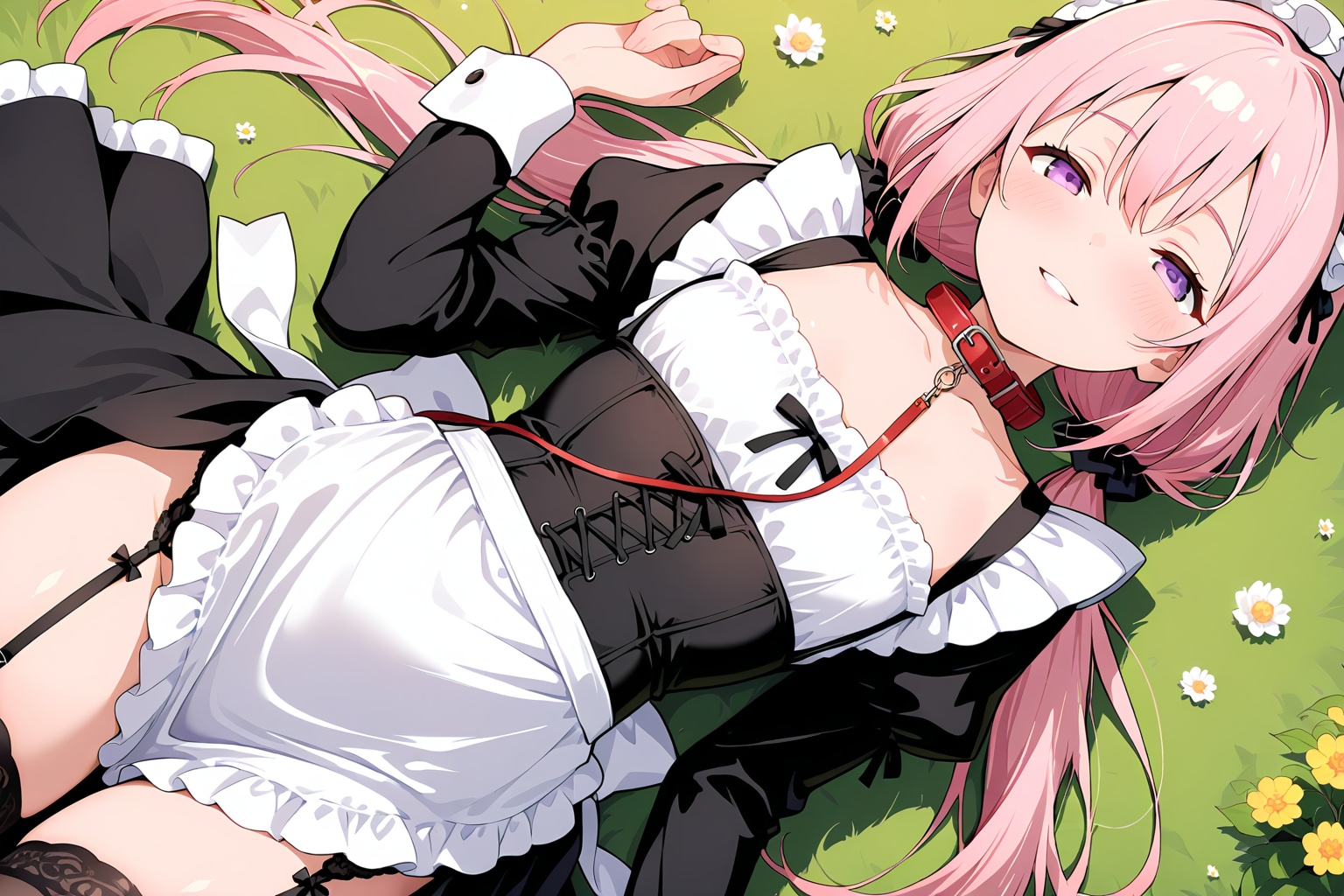 ゆるふわ桃髪少女48『メイド服+草原で休憩』