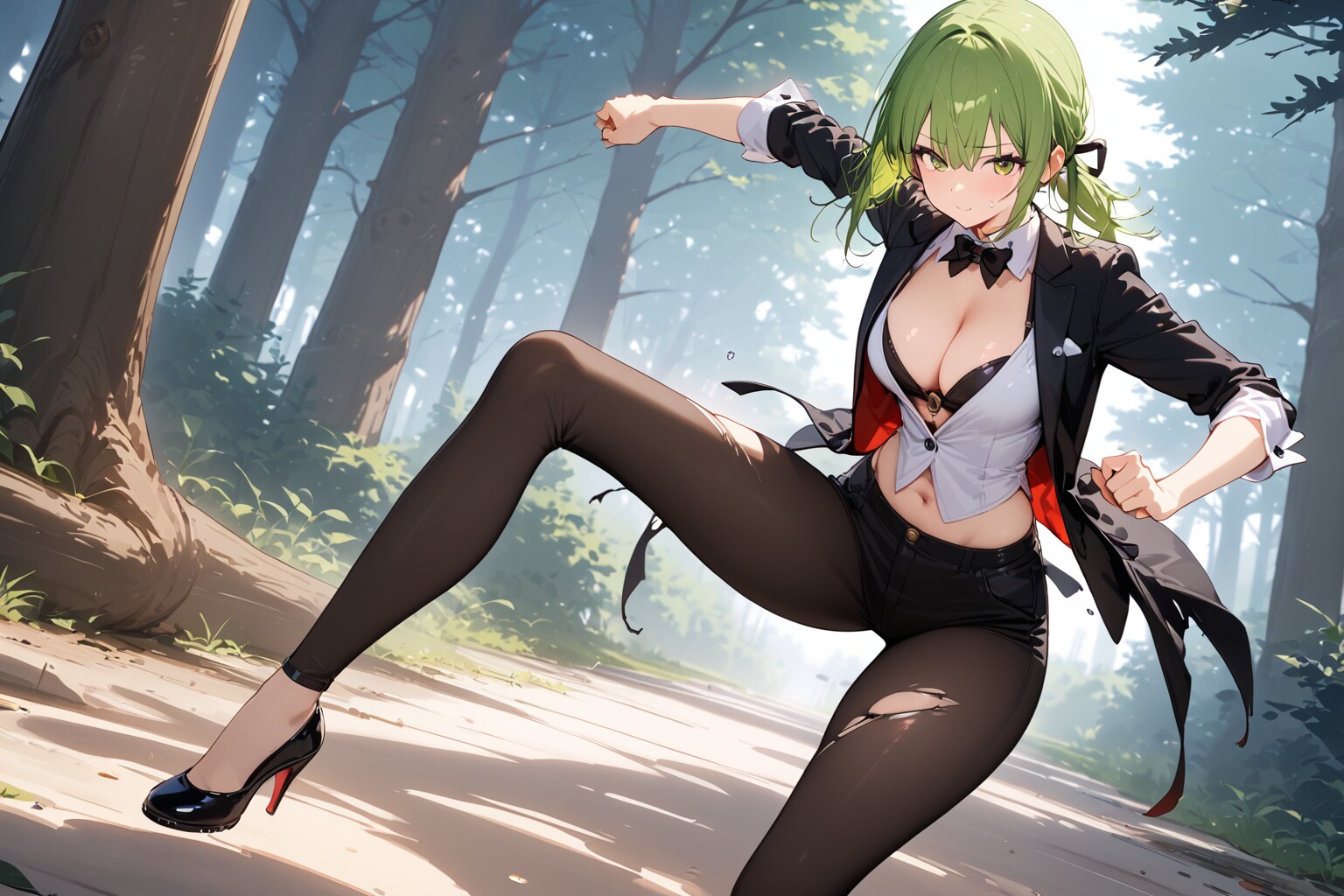 杉の木相手に格闘戦を仕掛けるタキシード少女