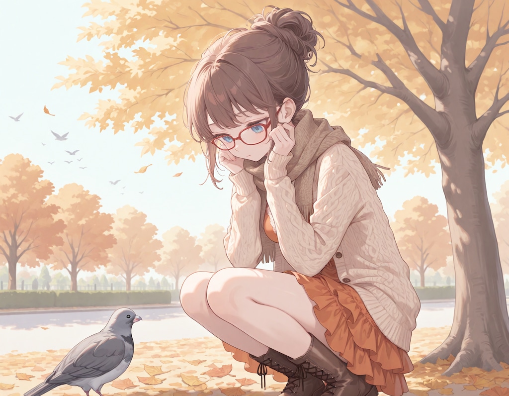 公園で鳩を見つめる少女