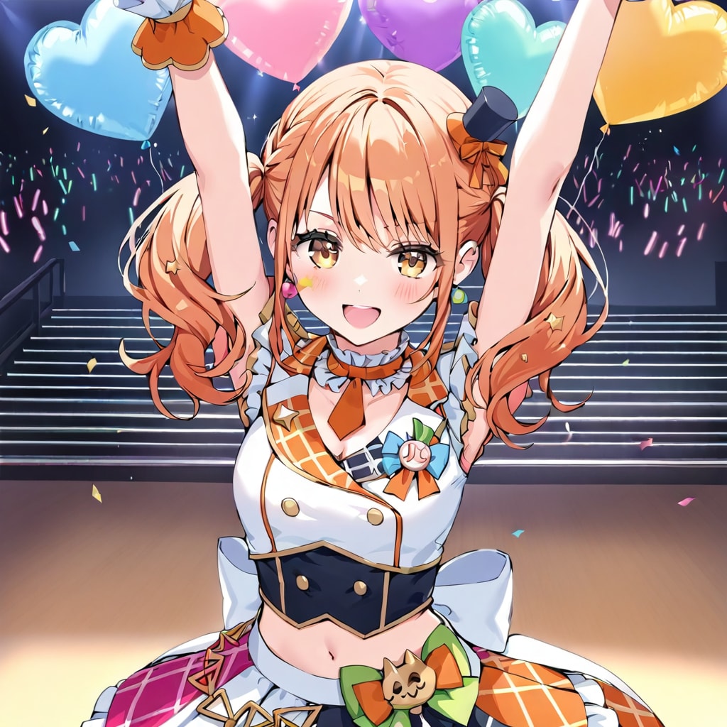 いっぱい色とりどりのハート風船を持つオレンジ髪ツインテールのアイドル衣装着た美女