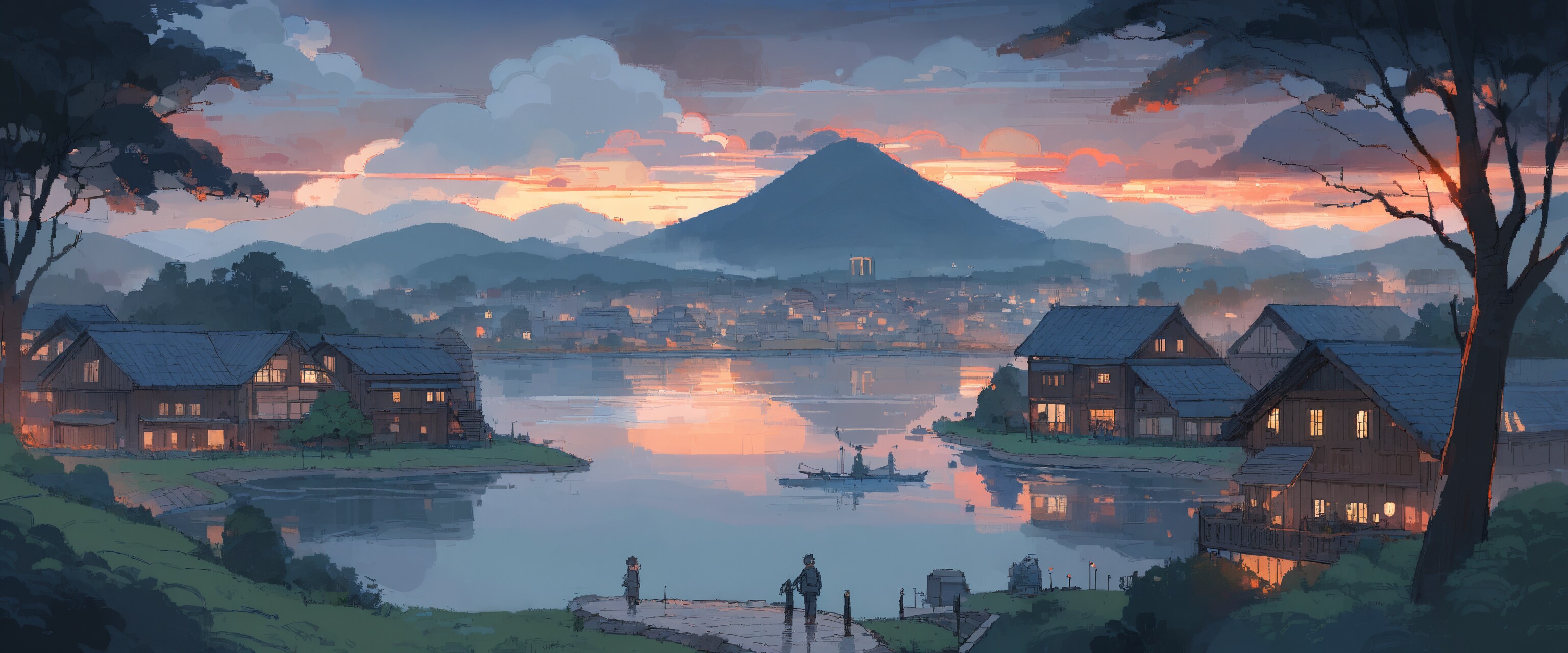 湖畔の静寂な夕暮れ
