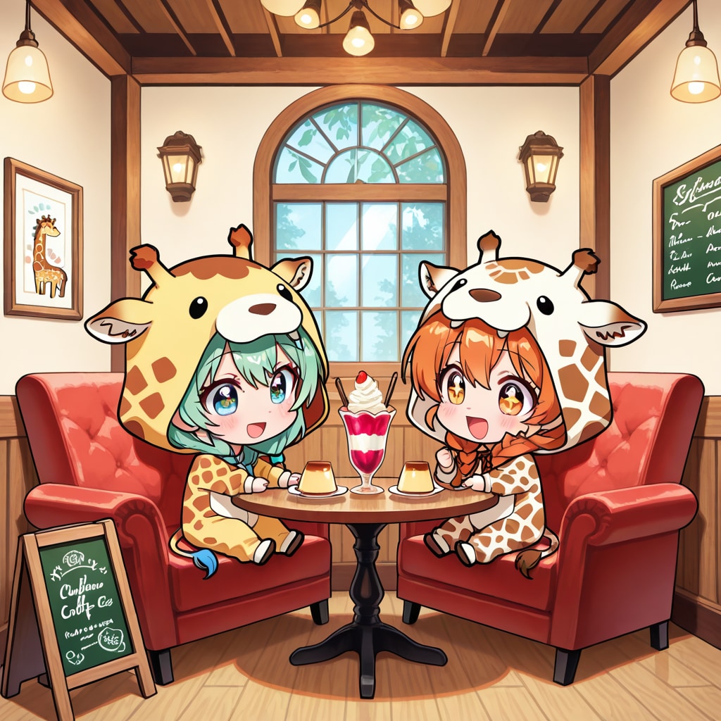 喫茶店でパフェを食べるキリン着ぐるみちび子ちゃん
