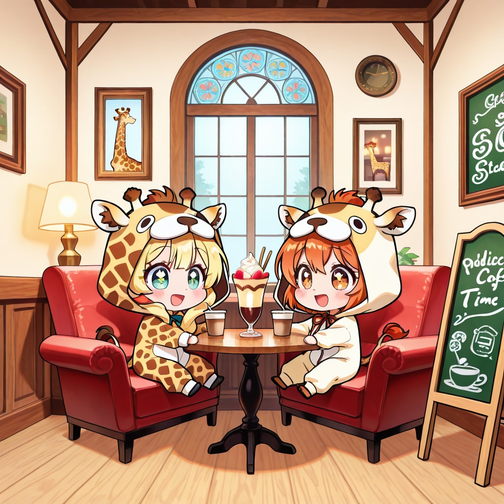 喫茶店でパフェを食べるキリン着ぐるみちび子ちゃん | の人気AIイラスト・グラビア