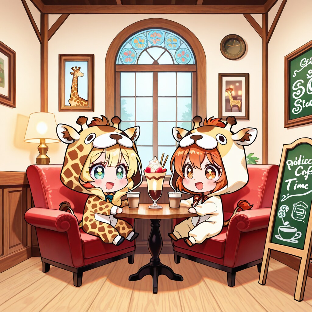 喫茶店でパフェを食べるキリン着ぐるみちび子ちゃん
