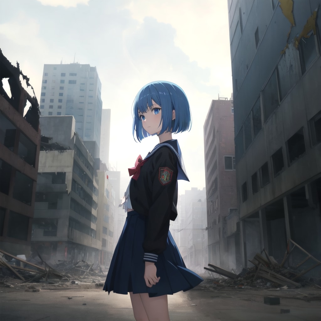 荒廃都市の中で立ち尽くす少女