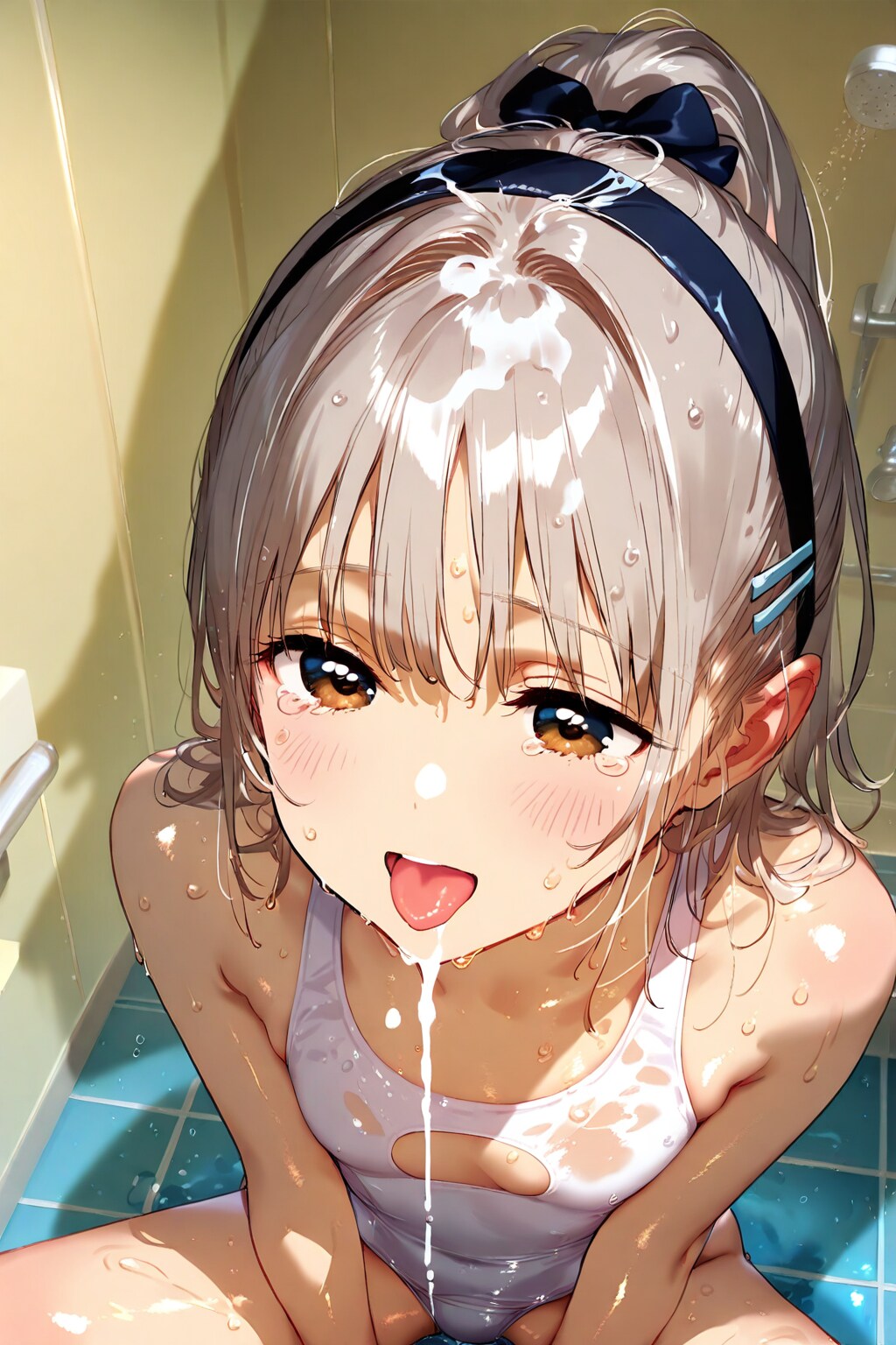 風呂場やサウナで遊ぶ白スク水・競水の女の子