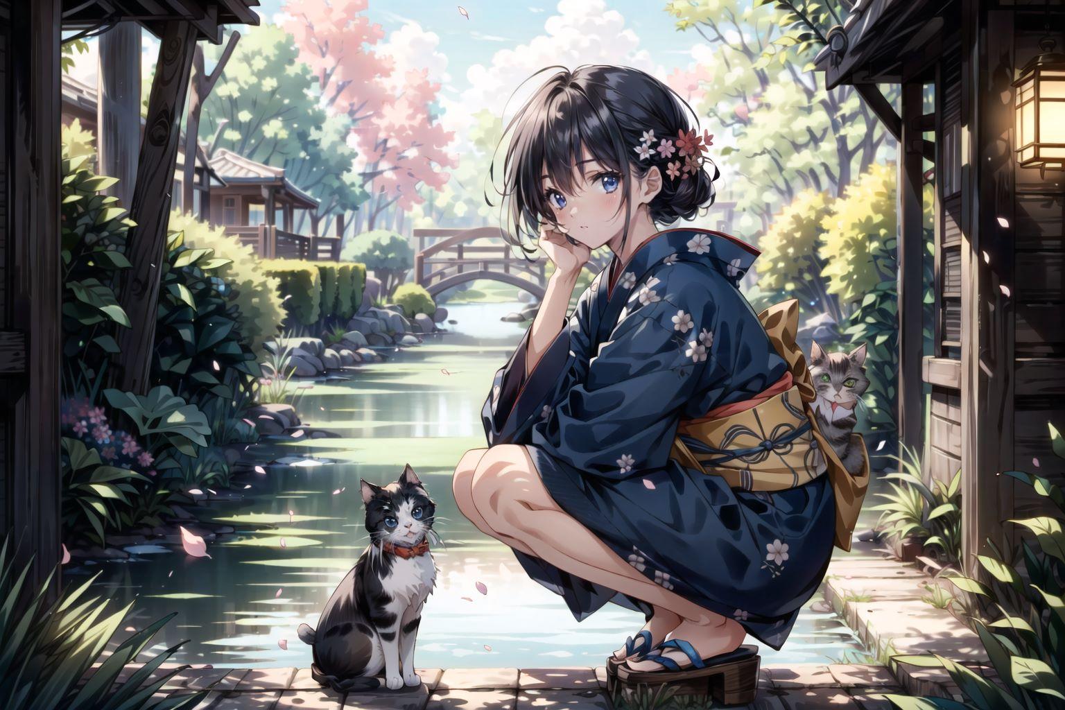 着物少女と猫
