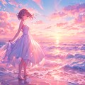 夕焼けビーチと白ワンピース 4枚目