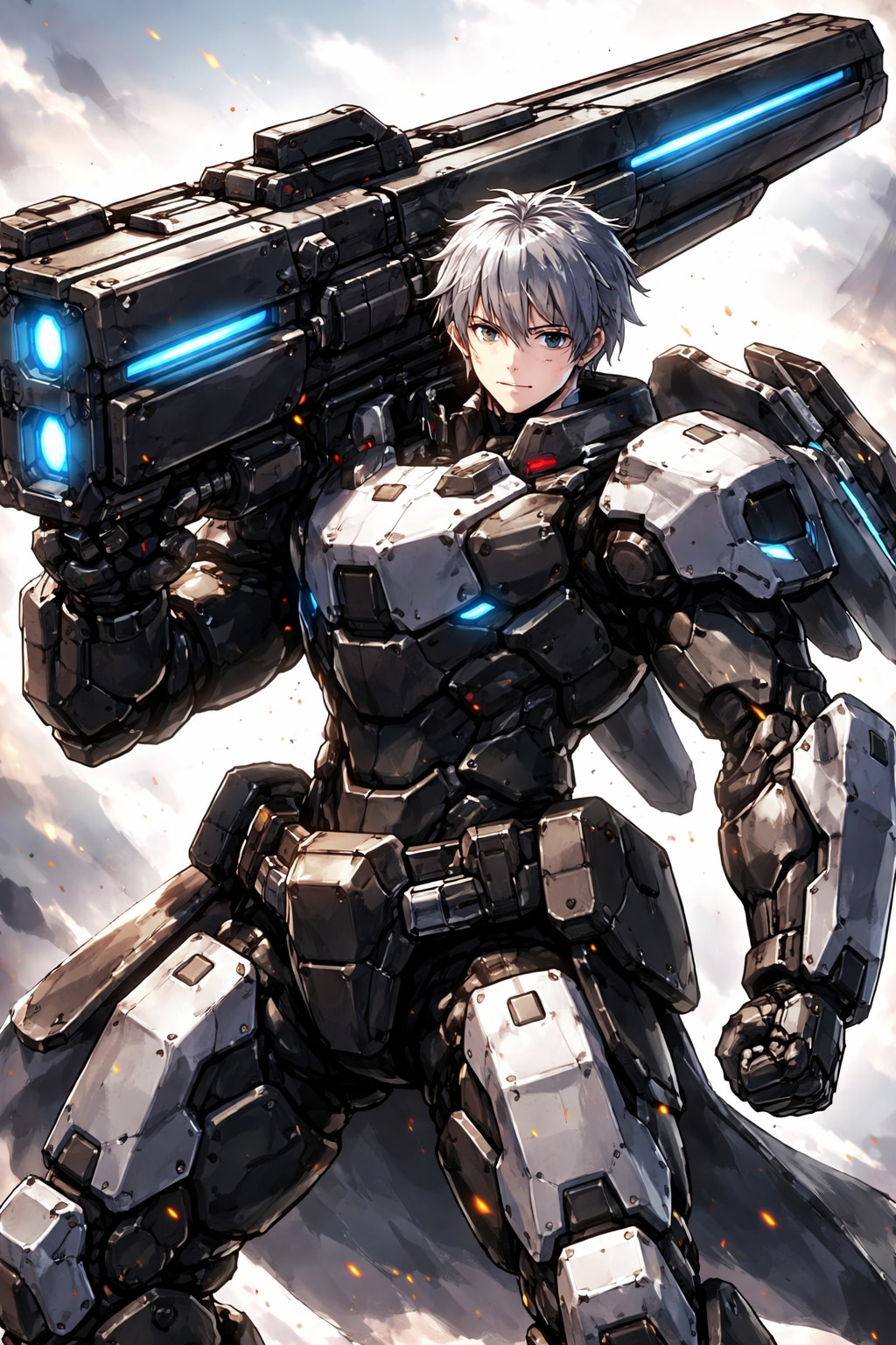 『アニメイラスト。肩に巨大レールガンがある機械鎧を着た人。』