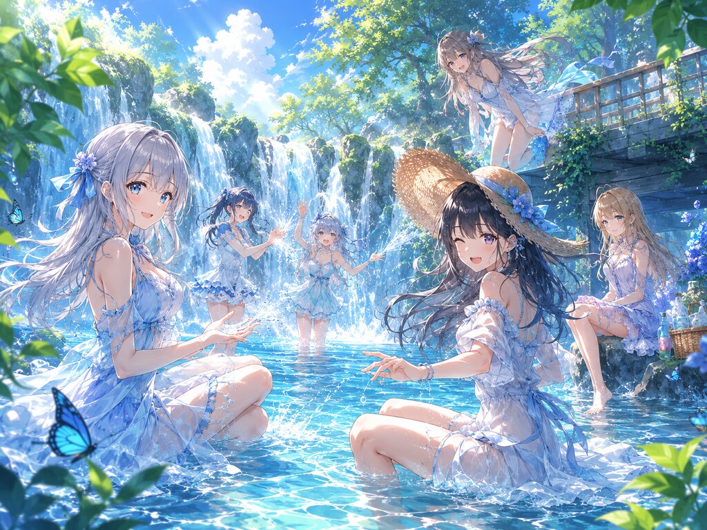 夏の涼しげガールズ【iPad Pro横向き壁紙用】