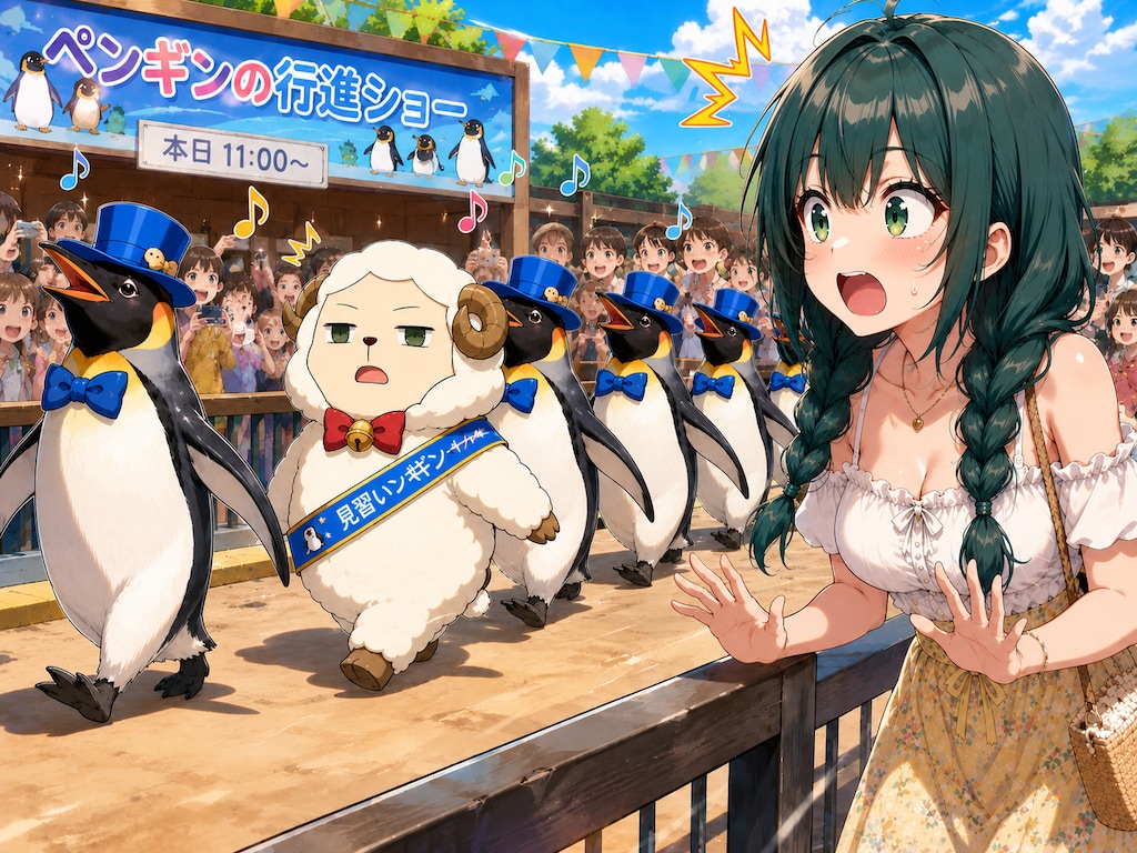 ペンギンパレードに紛れ込むヒツジを見て驚く翠莉ちゃん