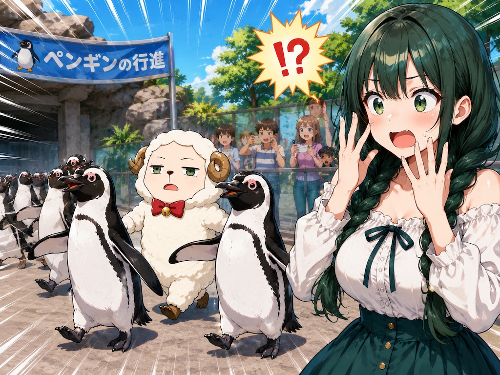 ペンギンパレードに紛れ込むヒツジを見て驚く翠莉ちゃん