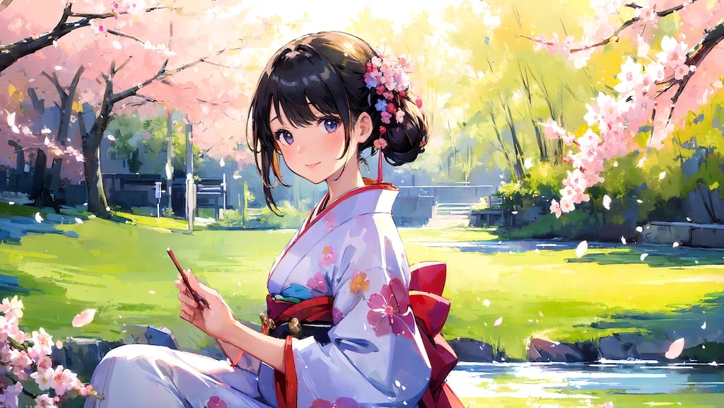 花見と和服少女