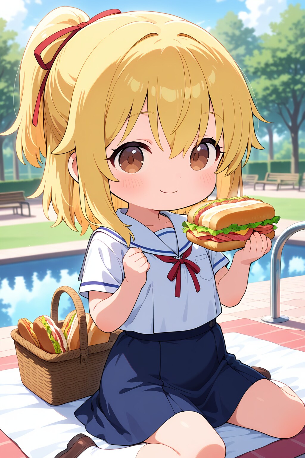 サンドウィッチ？を食べようとするちび金ポニテちゃん | の人気AIイラスト・グラビア
