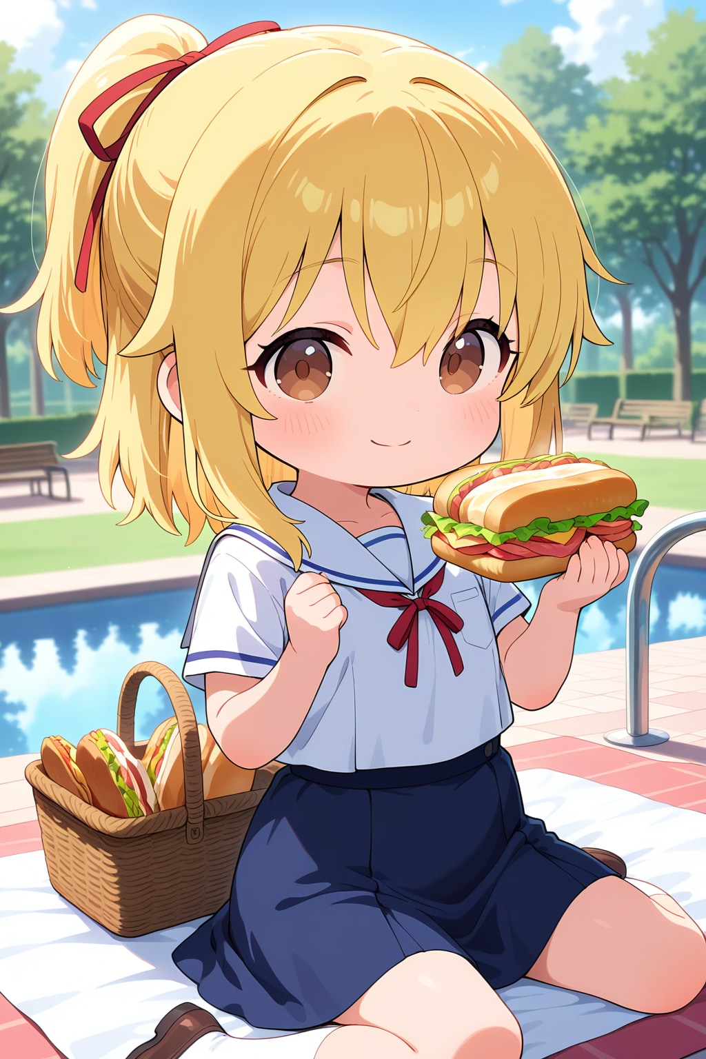 サンドウィッチ？を食べようとするちび金ポニテちゃん