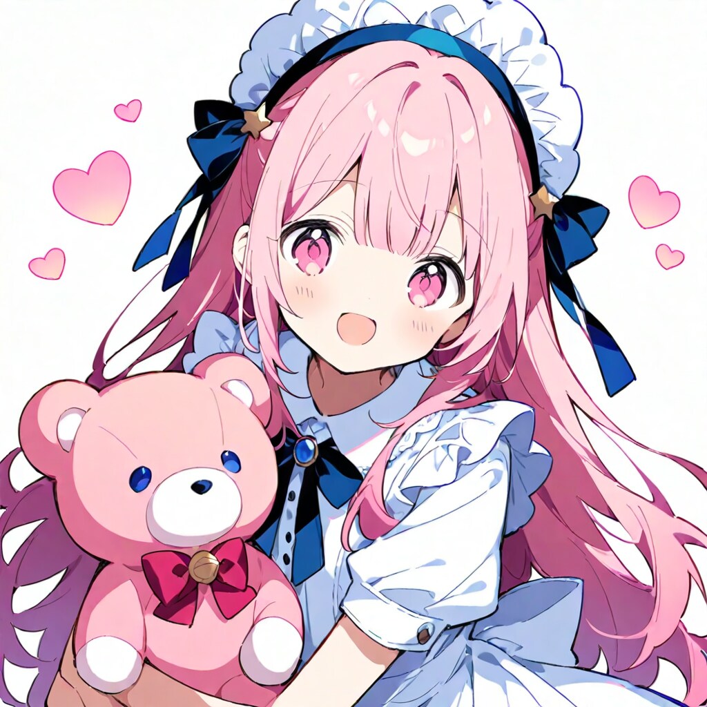 ピンク髪の女の子、ぬいぐるみを添えて