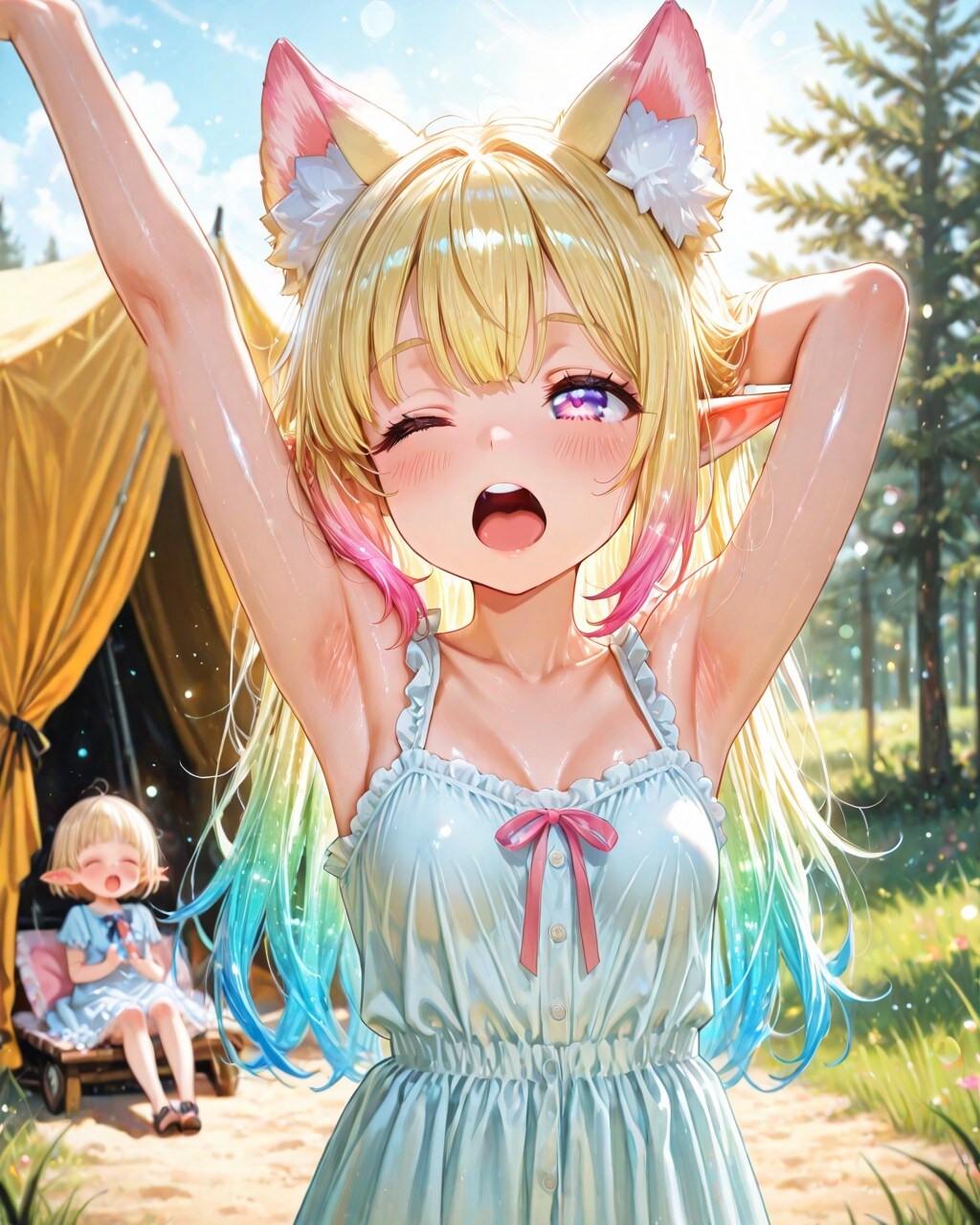 9枚）あくびをするケモ耳エルフさん