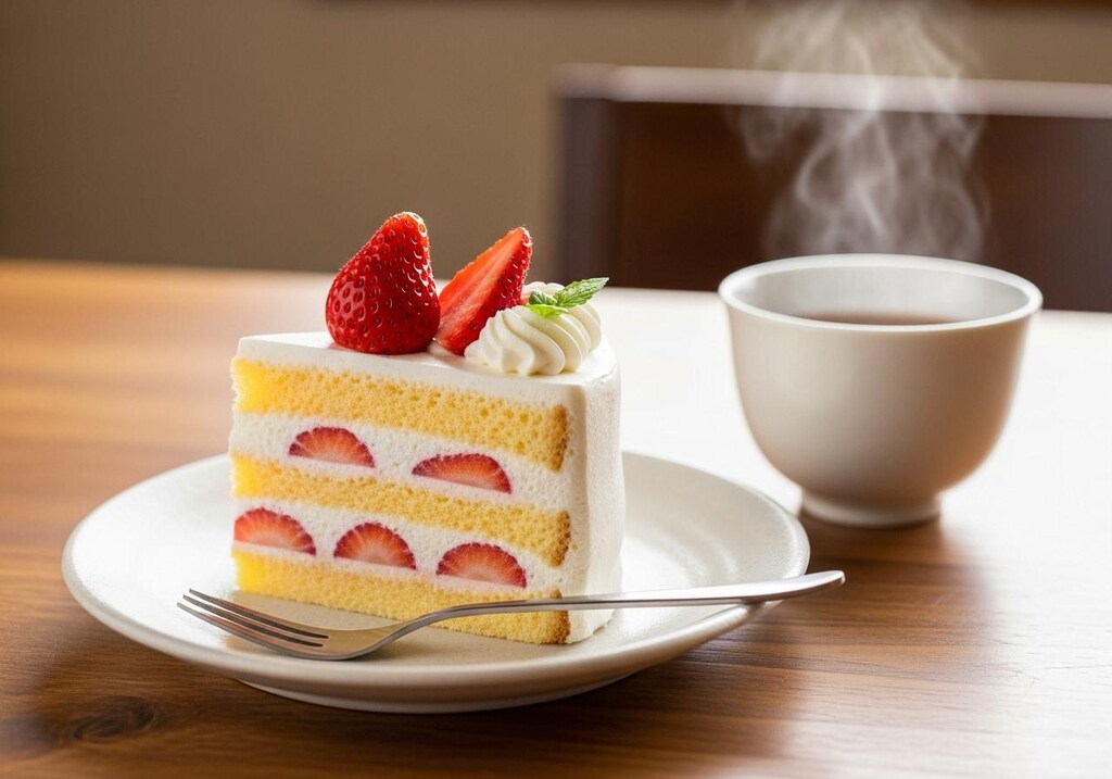デザートの苺ケーキと紅茶のセット